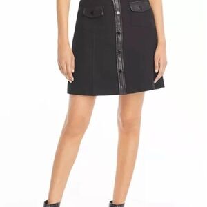 Karl Lagerfeld Black A-Line Mini Skirt with Leather-Trim Button Placket